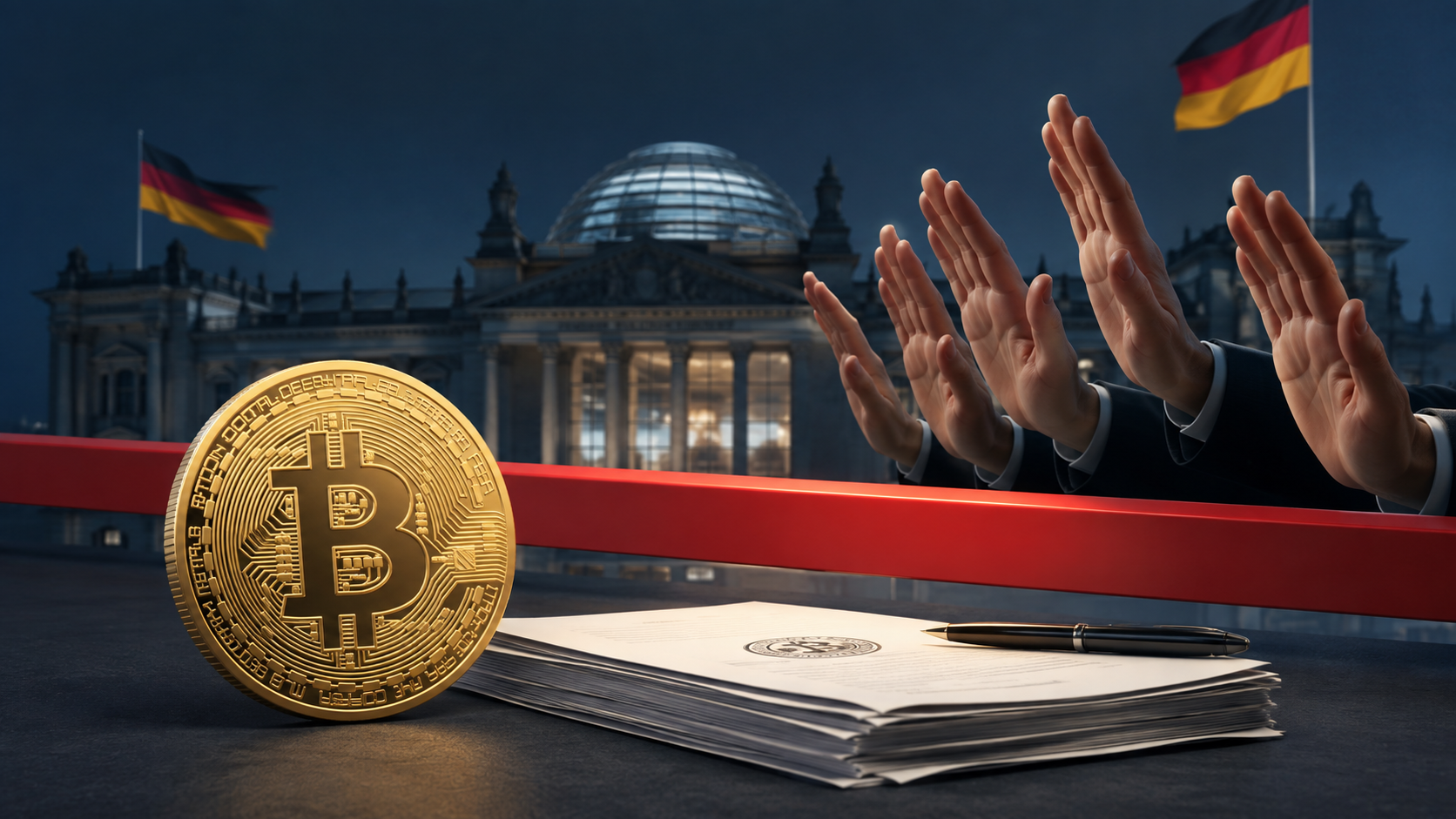 Bitcoin vor dem Reichstag mit einer roten Barriere und ablehnenden Abgeordneten zur geplanten Krypto-Steuer