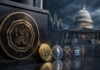 Bitcoin-, Ethereum-, XRP- und Solana-Münzen vor dem US-Kapitol und einem Symbol der US-Marktaufsicht