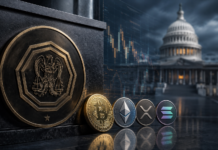 CLARITY Act vor Ultimatum: CFTC droht mit eigenen Krypto-Regeln Bitcoin-, Ethereum-, XRP- und Solana-Münzen vor dem US-Kapitol und einem Symbol der US-Marktaufsicht