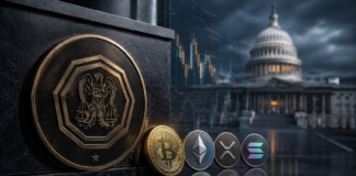 Bitcoin-, Ethereum-, XRP- und Solana-Münzen vor dem US-Kapitol und einem Symbol der US-Marktaufsicht