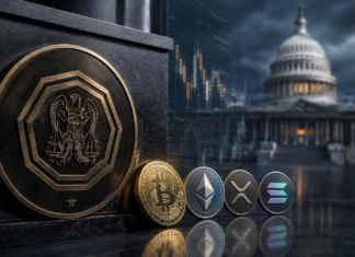Bitcoin-, Ethereum-, XRP- und Solana-Münzen vor dem US-Kapitol und einem Symbol der US-Marktaufsicht