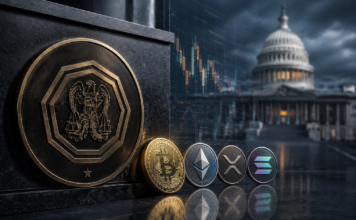 Bitcoin-, Ethereum-, XRP- und Solana-Münzen vor dem US-Kapitol und einem Symbol der US-Marktaufsicht