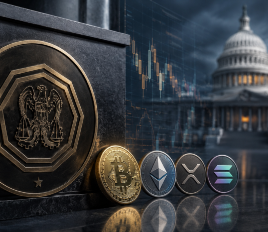 Bitcoin-, Ethereum-, XRP- und Solana-Münzen vor dem US-Kapitol und einem Symbol der US-Marktaufsicht
