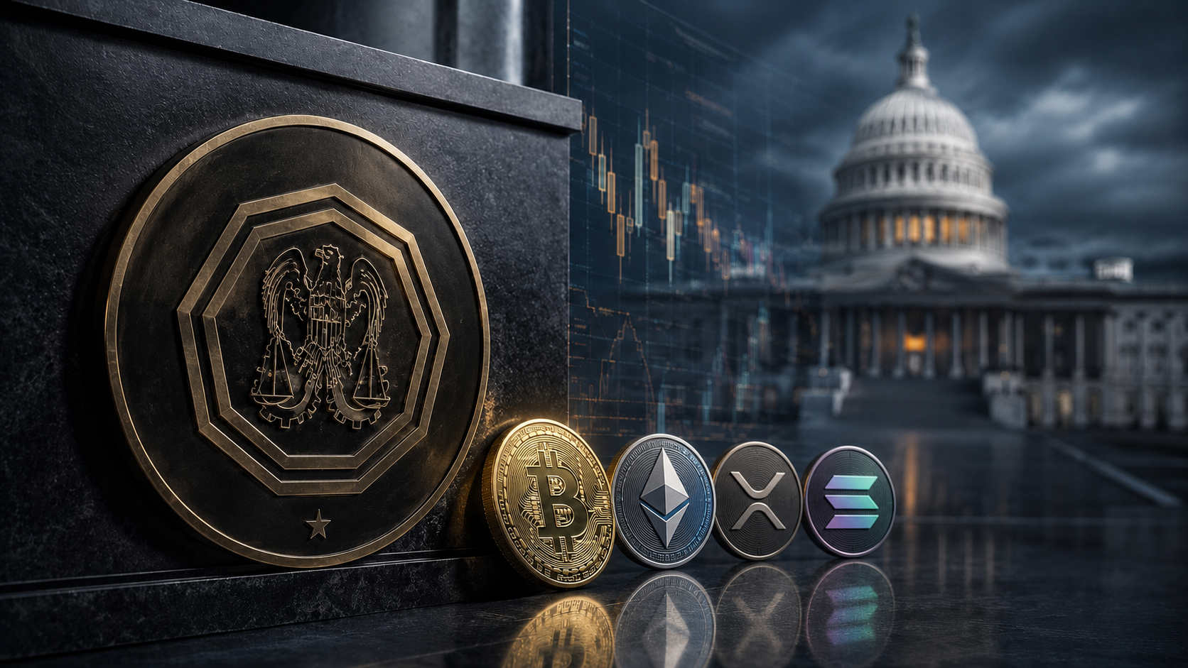 Bitcoin-, Ethereum-, XRP- und Solana-Münzen vor dem US-Kapitol und einem Symbol der US-Marktaufsicht
