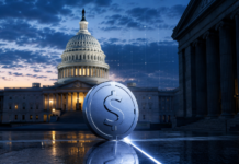 Silberner Stablecoin vor dem US-Kapitol als Symbol für den Streit um den CLARITY Act