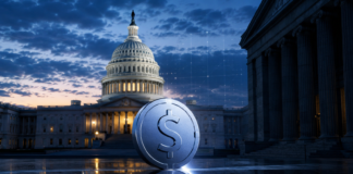 Silberner Stablecoin vor dem US-Kapitol als Symbol für den Streit um den CLARITY Act