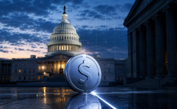 Silberner Stablecoin vor dem US-Kapitol als Symbol für den Streit um den CLARITY Act