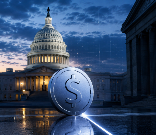 Silberner Stablecoin vor dem US-Kapitol als Symbol für den Streit um den CLARITY Act