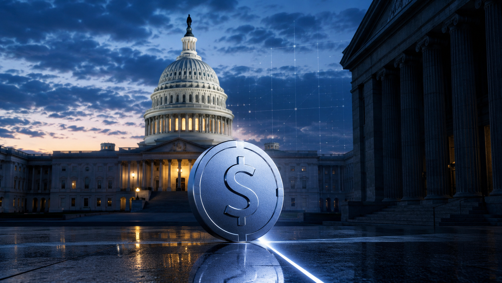Silberner Stablecoin vor dem US-Kapitol als Symbol für den Streit um den CLARITY Act
