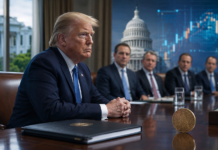 CLARITY Act: Hinter den Kulissen sucht das Weiße Haus nach einem Kompromiss Symbolische Darstellung von Donald Trump bei einem Krypto-Treffen im Weißen Haus mit dem US-Kapitol im Hintergrund