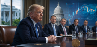Symbolische Darstellung von Donald Trump bei einem Krypto-Treffen im Weißen Haus mit dem US-Kapitol im Hintergrund