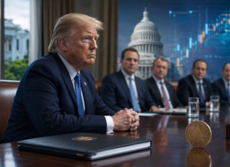 Symbolische Darstellung von Donald Trump bei einem Krypto-Treffen im Weißen Haus mit dem US-Kapitol im Hintergrund
