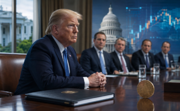 Symbolische Darstellung von Donald Trump bei einem Krypto-Treffen im Weißen Haus mit dem US-Kapitol im Hintergrund