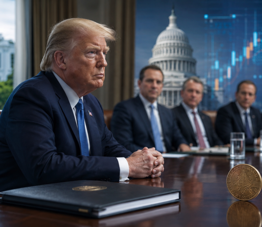 Symbolische Darstellung von Donald Trump bei einem Krypto-Treffen im Weißen Haus mit dem US-Kapitol im Hintergrund