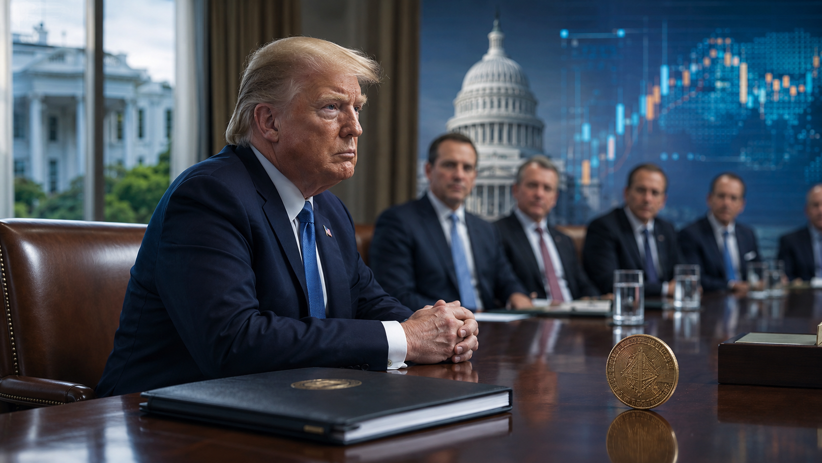 Symbolische Darstellung von Donald Trump bei einem Krypto-Treffen im Weißen Haus mit dem US-Kapitol im Hintergrund