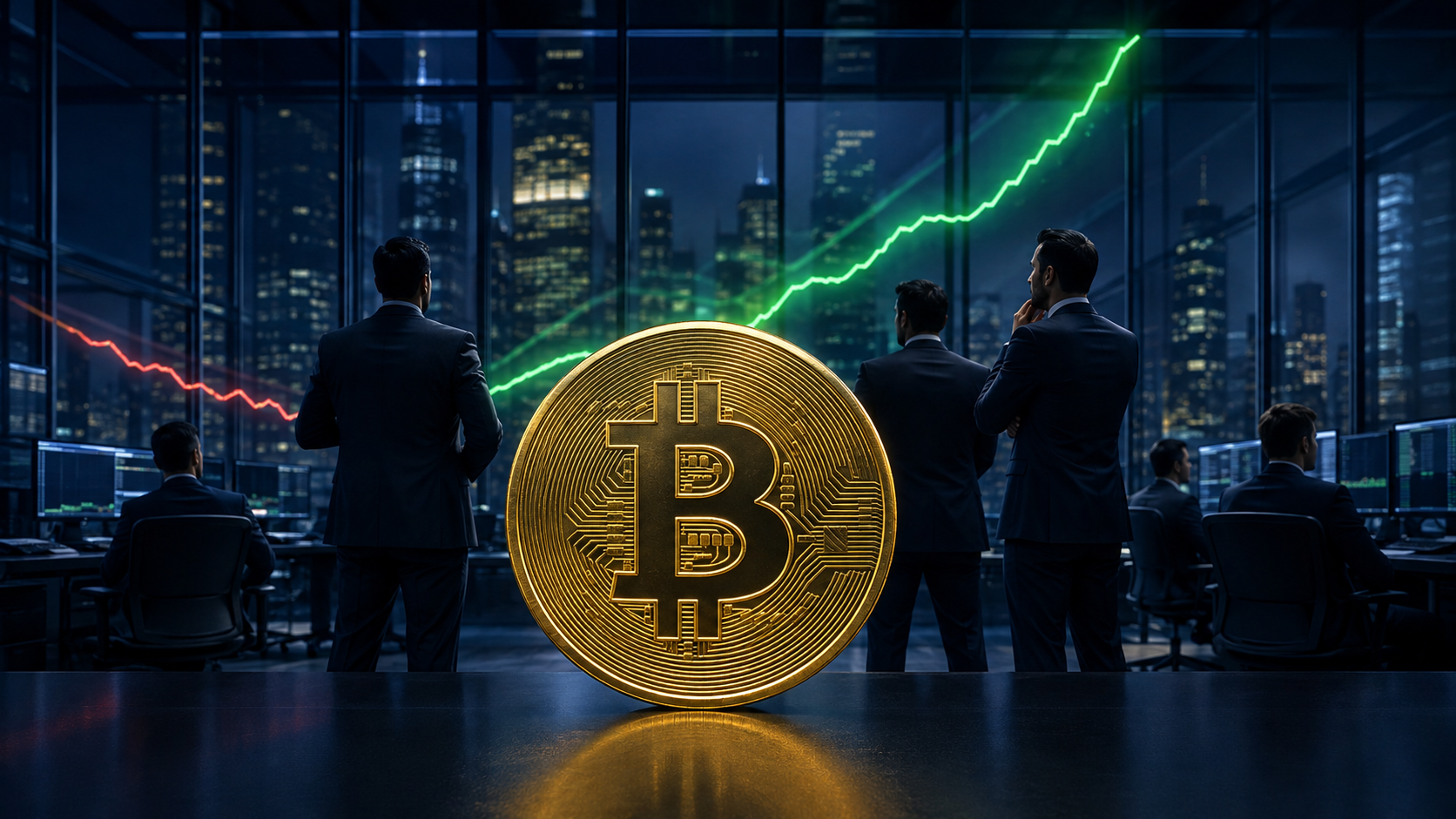 Bitcoin vor institutionellen Händlern, während ein steigender Kursverlauf den Wechsel der CME-Hedgefonds auf netto long symbolisiert.