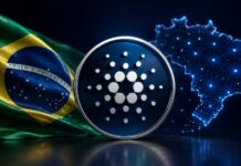 Brasilianischer Spitzensport testet Cardano für digitale Identitäten und Governance Cardano-Logo vor der brasilianischen Flagge und einer digitalen Brasilien-Karte als Symbol der Blockchain-Expansion in Brasilien.