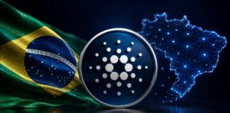 Brasilianischer Spitzensport testet Cardano für digitale Identitäten und Governance Cardano-Logo vor der brasilianischen Flagge und einer digitalen Brasilien-Karte als Symbol der Blockchain-Expansion in Brasilien.