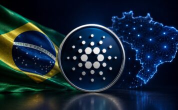 Brasilianischer Spitzensport testet Cardano für digitale Identitäten und Governance Cardano-Logo vor der brasilianischen Flagge und einer digitalen Brasilien-Karte als Symbol der Blockchain-Expansion in Brasilien.