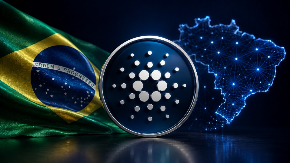 Cardano-Logo vor der brasilianischen Flagge und einer digitalen Brasilien-Karte als Symbol der Blockchain-Expansion in Brasilien.