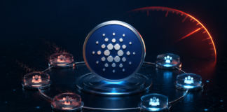 Cardano-Governance droht Stillstand: Abstimmung weit vom Ziel entfernt Cardano-Logo zwischen verbundenen Governance-Knoten mit roten Warnsignalen