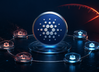 Cardano-Logo zwischen verbundenen Governance-Knoten mit roten Warnsignalen