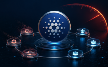 Cardano-Governance droht Stillstand: Abstimmung weit vom Ziel entfernt Cardano-Logo zwischen verbundenen Governance-Knoten mit roten Warnsignalen