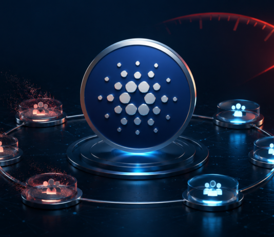 Cardano-Logo zwischen verbundenen Governance-Knoten mit roten Warnsignalen