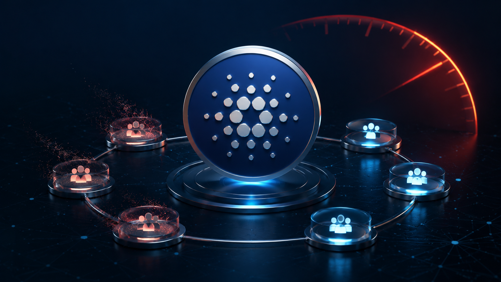 Cardano-Logo zwischen verbundenen Governance-Knoten mit roten Warnsignalen