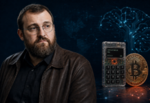 Cardano Gründer präsentiert Midnight Passport gegen Wallet-Diebstahl nach Coldcard Hack Cardano-Gründer Charles Hoskinson neben einer Coldcard-Hardware-Wallet und einer Bitcoin-Münze vor einem digitalen KI-Hintergrund.