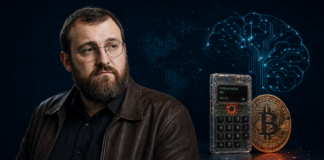 Cardano-Gründer Charles Hoskinson neben einer Coldcard-Hardware-Wallet und einer Bitcoin-Münze vor einem digitalen KI-Hintergrund.