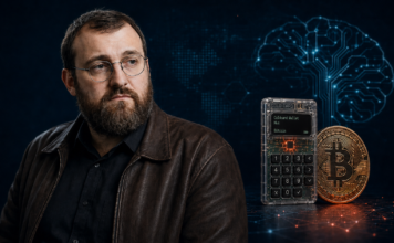 Cardano-Gründer Charles Hoskinson neben einer Coldcard-Hardware-Wallet und einer Bitcoin-Münze vor einem digitalen KI-Hintergrund.