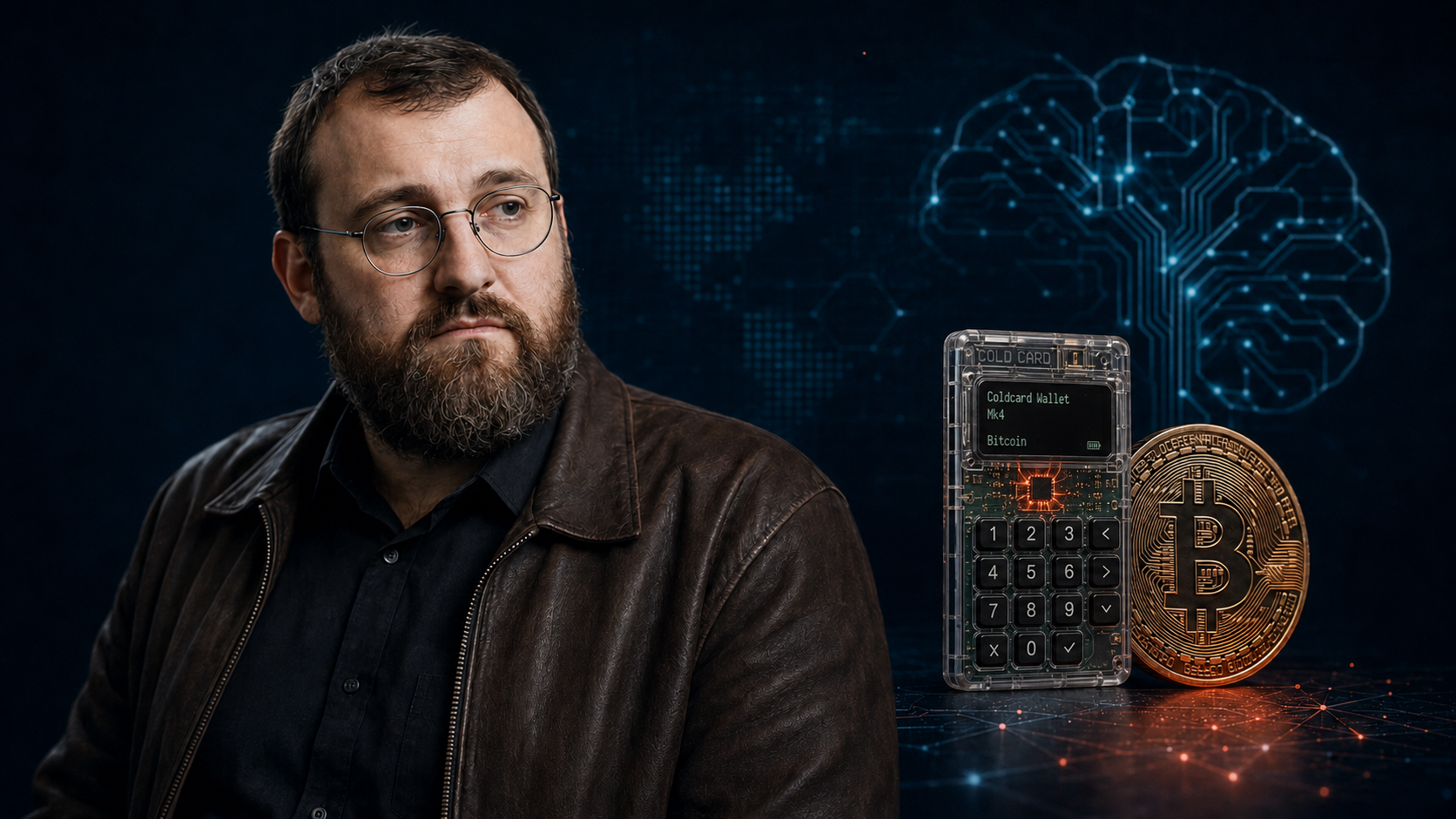 Cardano-Gründer Charles Hoskinson neben einer Coldcard-Hardware-Wallet und einer Bitcoin-Münze vor einem digitalen KI-Hintergrund.