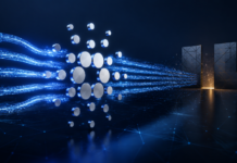 Cardano Leios erreicht sechsmal höheren Datendurchsatz als das Mainnet Cardano-Logo vor leuchtenden Datenströmen als Symbol für den höheren Durchsatz von Ouroboros Leios