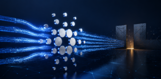 Cardano Leios erreicht sechsmal höheren Datendurchsatz als das Mainnet Cardano-Logo vor leuchtenden Datenströmen als Symbol für den höheren Durchsatz von Ouroboros Leios
