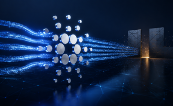 Cardano Leios erreicht sechsmal höheren Datendurchsatz als das Mainnet Cardano-Logo vor leuchtenden Datenströmen als Symbol für den höheren Durchsatz von Ouroboros Leios