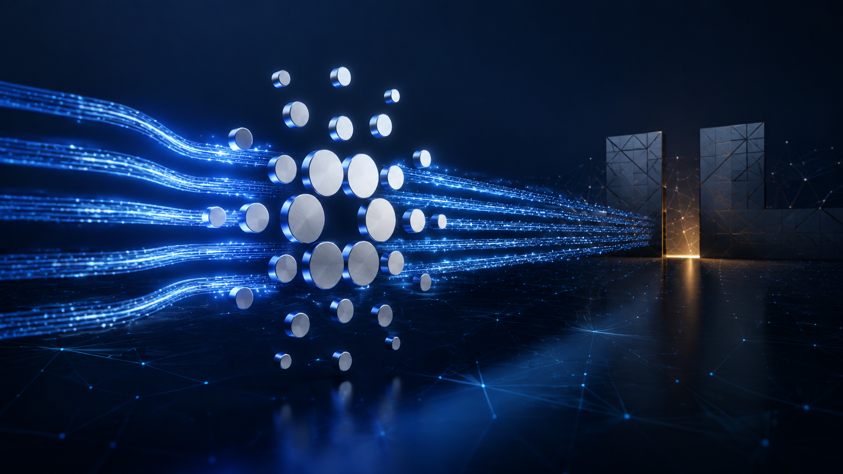 Cardano-Logo vor leuchtenden Datenströmen als Symbol für den höheren Durchsatz von Ouroboros Leios