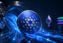 Cardano-Logo vor einem geöffneten Tresor, im Hintergrund die Symbole von Ethereum und Solana