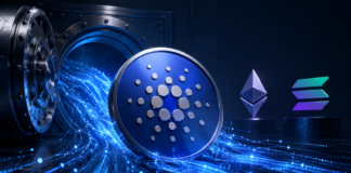 Cardano will Ethereum angreifen: 120 Millionen ADA für DeFi-Offensive Cardano-Logo vor einem geöffneten Tresor, im Hintergrund die Symbole von Ethereum und Solana
