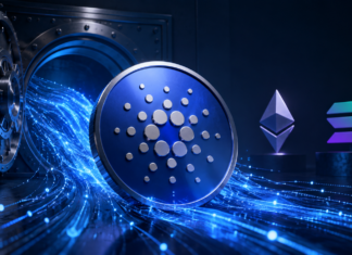 Cardano will Ethereum angreifen: 120 Millionen ADA für DeFi-Offensive Cardano-Logo vor einem geöffneten Tresor, im Hintergrund die Symbole von Ethereum und Solana