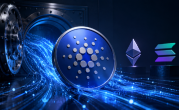 Cardano will Ethereum angreifen: 120 Millionen ADA für DeFi-Offensive Cardano-Logo vor einem geöffneten Tresor, im Hintergrund die Symbole von Ethereum und Solana