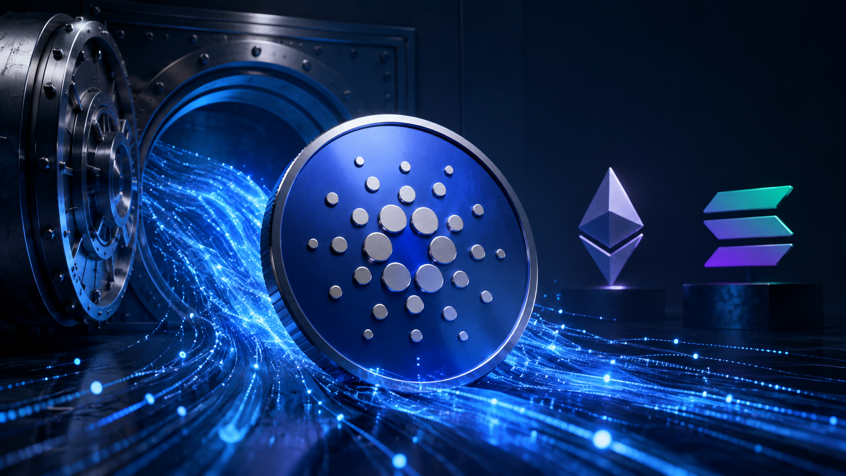 Cardano-Logo vor einem geöffneten Tresor, im Hintergrund die Symbole von Ethereum und Solana