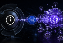 Cardano-Partnerchain Midnight setzt für private Swaps auf Celestia Logos von Midnight, Cardano und Celestia, verbunden durch einen digitalen Datenstrom für private Zswap-Angebote