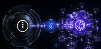 Logos von Midnight, Cardano und Celestia, verbunden durch einen digitalen Datenstrom für private Zswap-Angebote