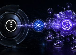 Logos von Midnight, Cardano und Celestia, verbunden durch einen digitalen Datenstrom für private Zswap-Angebote