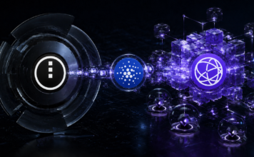 Logos von Midnight, Cardano und Celestia, verbunden durch einen digitalen Datenstrom für private Zswap-Angebote