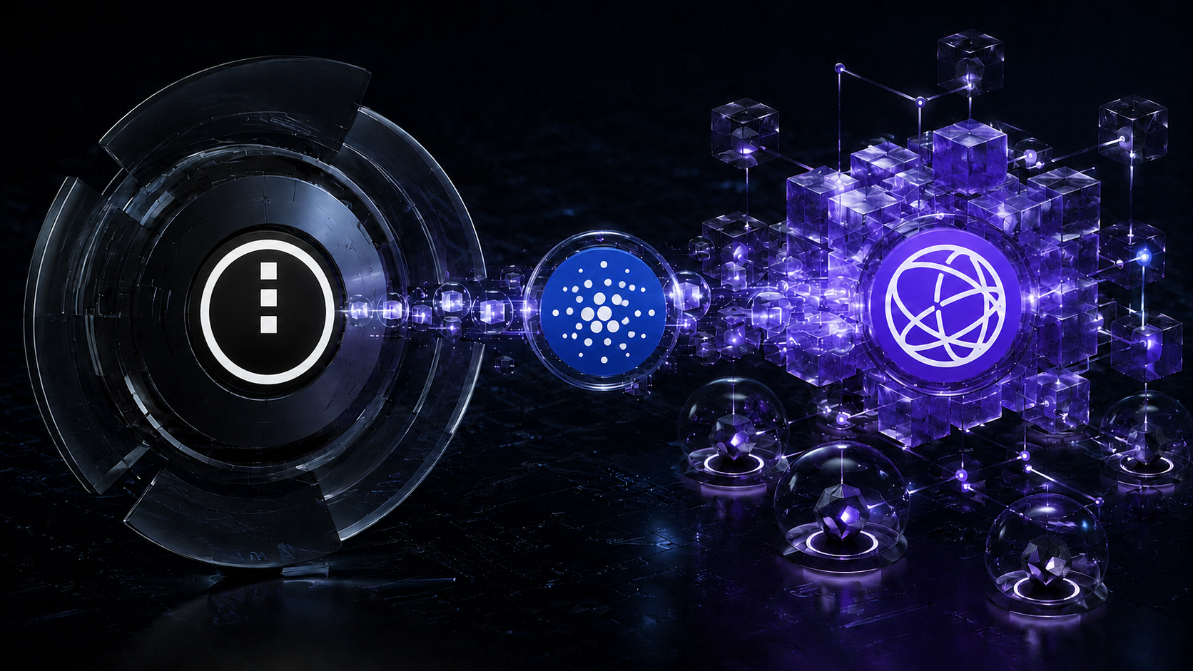 Logos von Midnight, Cardano und Celestia, verbunden durch einen digitalen Datenstrom für private Zswap-Angebote