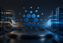 Cardano-Symbol vor digitaler Netzwerkinfrastruktur zur Roadmap 2026