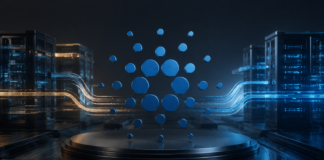 Cardano-Symbol vor digitaler Netzwerkinfrastruktur zur Roadmap 2026