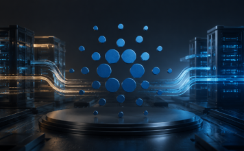 Cardano-Symbol vor digitaler Netzwerkinfrastruktur zur Roadmap 2026